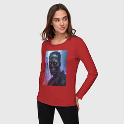 Лонгслив хлопковый женский Зомби скелет в стиле киберпанк, цвет: красный — фото 2