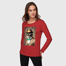 Лонгслив хлопковый женский Портрет кота джентльмена в шляпе, цвет: красный — фото 2