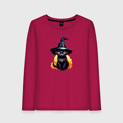 Лонгслив хлопковый женский Черный кот в шляпе хэллоуин, цвет: маджента