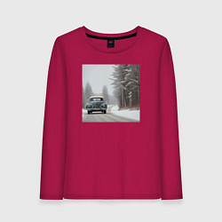 Лонгслив хлопковый женский Ретро авто зимой, цвет: маджента