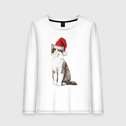 Лонгслив хлопковый женский Пятнистый кот в новогодней шапочке, цвет: белый
