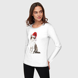 Лонгслив хлопковый женский Пятнистый кот в новогодней шапочке, цвет: белый — фото 2