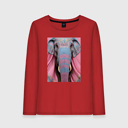 Лонгслив хлопковый женский Красочная морда слона индийский стиль, цвет: красный