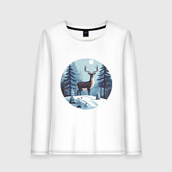 Лонгслив хлопковый женский Зимняя сказка олень в лесу, цвет: белый