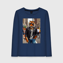 Лонгслив хлопковый женский Cool tiger on the streets of New York - ai art, цвет: тёмно-синий