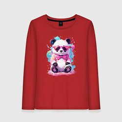 Лонгслив хлопковый женский Милая панда в розовых очках и бантике, цвет: красный