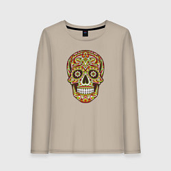 Лонгслив хлопковый женский Череп декоративный мексиканский, цвет: миндальный