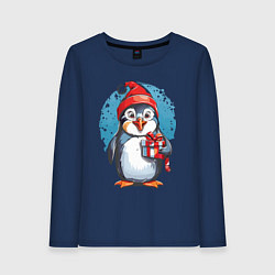 Лонгслив хлопковый женский Пингвин с новогодним подарком, цвет: тёмно-синий