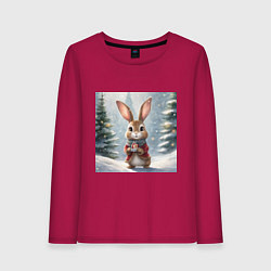 Женский лонгслив Новогодний зайчик с подарком в зимнем лесу