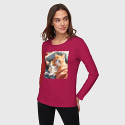 Лонгслив хлопковый женский Милые котята под одеялом, цвет: маджента — фото 2