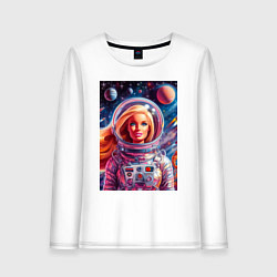 Лонгслив хлопковый женский Красавица Барби в космосе - нейросеть, цвет: белый