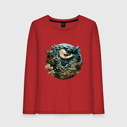 Лонгслив хлопковый женский Китайский дракон в круге, цвет: красный