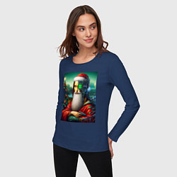 Лонгслив хлопковый женский Mona Lisa in Santa costume - cyberpunk, цвет: тёмно-синий — фото 2