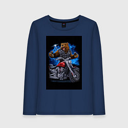 Лонгслив хлопковый женский Медведь байкер с мотоциклом, цвет: тёмно-синий