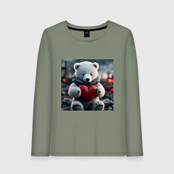 Лонгслив хлопковый женский Белый северный мишка игрушечный и красное сердце, цвет: авокадо