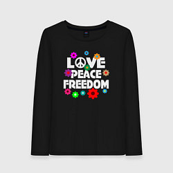Лонгслив хлопковый женский Любовь мир свобода, цвет: черный