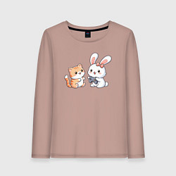 Лонгслив хлопковый женский Котик играет с кроликом, цвет: пыльно-розовый