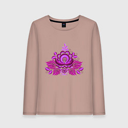 Лонгслив хлопковый женский Малиновый цветок и узоры гжель, цвет: пыльно-розовый