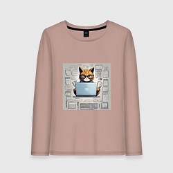 Лонгслив хлопковый женский Кот программист за ноутбуком, цвет: пыльно-розовый