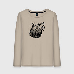 Лонгслив хлопковый женский Голова воющего волка и горы, цвет: миндальный