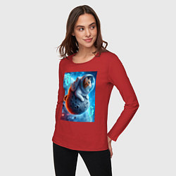 Лонгслив хлопковый женский Space cat - ai art, цвет: красный — фото 2