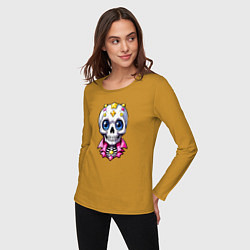 Лонгслив хлопковый женский Скелет в розовой рубахе, цвет: горчичный — фото 2