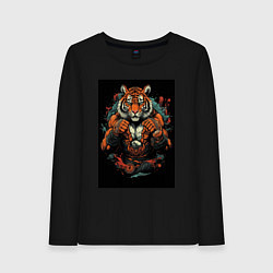 Лонгслив хлопковый женский Муай Тай тигр в стойке, цвет: черный
