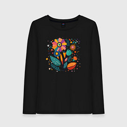 Лонгслив хлопковый женский Яркий цветок, веточки и листья, цвет: черный