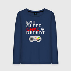 Лонгслив хлопковый женский Eat sleep game repeat lettering, цвет: тёмно-синий