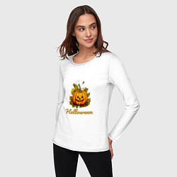 Лонгслив хлопковый женский Праздничная тыква Хэллоуин, цвет: белый — фото 2
