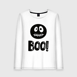 Лонгслив хлопковый женский Страшный черный смайлик: Буу!, цвет: белый