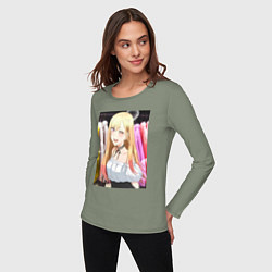 Лонгслив хлопковый женский Эта фарфоровая кукла влюбилась, цвет: авокадо — фото 2