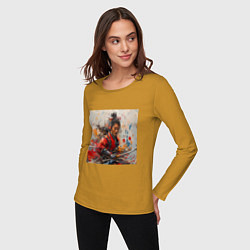 Лонгслив хлопковый женский Краски самурая, цвет: горчичный — фото 2