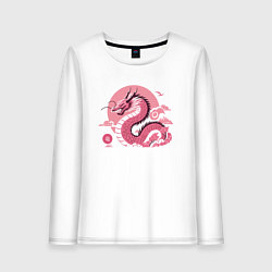 Лонгслив хлопковый женский Розовый дракон в японском ретро стиле, цвет: белый