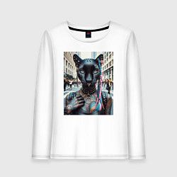 Лонгслив хлопковый женский Пантера панк из Нью-Йорка - нейросеть, цвет: белый