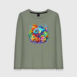 Лонгслив хлопковый женский Яркие тропические рыбки, цвет: авокадо