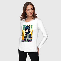 Лонгслив хлопковый женский Девочка котёнок - нейросеть, цвет: белый — фото 2
