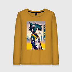 Лонгслив хлопковый женский Kitten girl - cyberpunk, цвет: горчичный