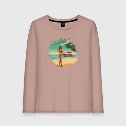 Лонгслив хлопковый женский Девушка с яхтой на пляже, цвет: пыльно-розовый