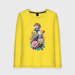 Лонгслив хлопковый женский Шлемоносный турако среди цветов, цвет: желтый