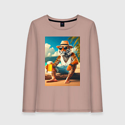 Женский лонгслив Чувак тигр с кружкой пива на пляже