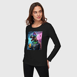 Лонгслив хлопковый женский Dinosaur dude with a beer mug wearing headphones a, цвет: черный — фото 2
