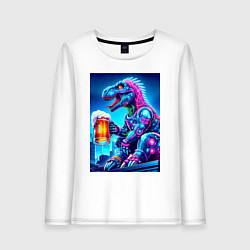 Лонгслив хлопковый женский Cyber tyrannosaur with a mug of beer - ai art fant, цвет: белый