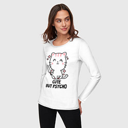 Лонгслив хлопковый женский Cute but psycho - cat, цвет: белый — фото 2