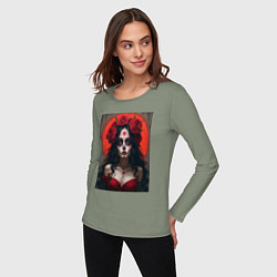 Лонгслив хлопковый женский Девушка с макияжем на день мертвых, цвет: авокадо — фото 2