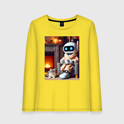 Женский лонгслив Робот у камина с котом и чашкой кофе - нейроарт