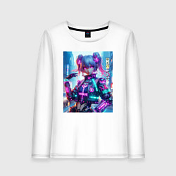 Лонгслив хлопковый женский Модная красотка - киберпанк, цвет: белый