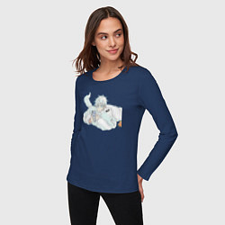 Лонгслив хлопковый женский Магическая битва Сатору Годзё с котом, цвет: тёмно-синий — фото 2