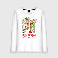 Лонгслив хлопковый женский Merry Christmas - skeleton, цвет: белый