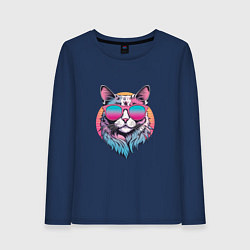 Лонгслив хлопковый женский Ретро кот в розовых солнечных очках Vaporwave, цвет: тёмно-синий